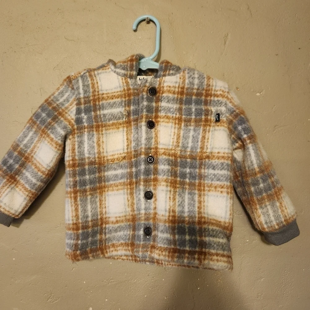 Baby B'Gosh Jacket 18 Months Hooded Plaid Fleece Flannel Button Tan Blue Cream